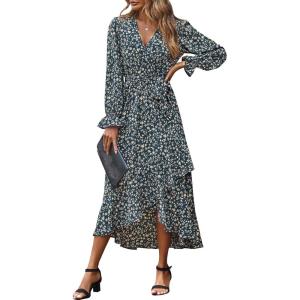 imageBTFBM Women Long Sleeve Dresses Spring Summer Clothes 2025 V Neck Floral High Waist Ruffle Boho Wedding Guest DressFloral Light Blue Apricot