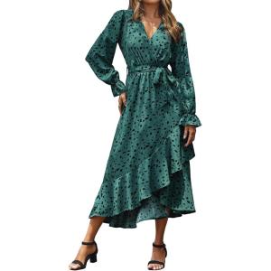 imageBTFBM Women Long Sleeve Dresses Spring Summer Clothes 2025 V Neck Floral High Waist Ruffle Boho Wedding Guest DressLeopard Dot Green