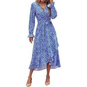imageBTFBM Women Long Sleeve Dresses Spring Summer Clothes 2025 V Neck Floral High Waist Ruffle Boho Wedding Guest DressWhite Floral Bright Blue