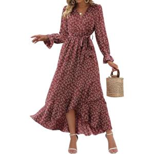 imageBTFBM Women Long Sleeve Dresses Spring Summer Clothes 2025 V Neck Floral High Waist Ruffle Boho Wedding Guest DressWine RedWhite