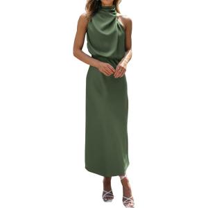 imageBTFBM Womens Sleeveless Cocktail Dresses Mock Neck Keyhole Elastic High Waist Evening Party Maxi Wedding Guest DressSolid Army Green