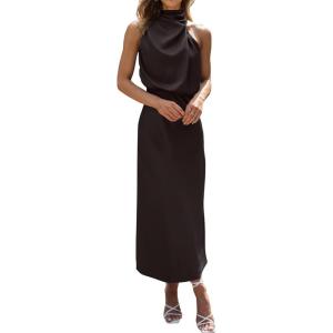 imageBTFBM Womens Sleeveless Cocktail Dresses Mock Neck Keyhole Elastic High Waist Evening Party Maxi Wedding Guest DressSolid Black