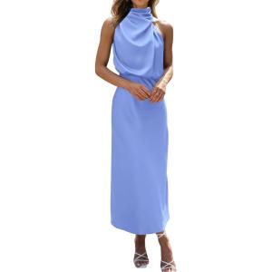 imageBTFBM Womens Sleeveless Cocktail Dresses Mock Neck Keyhole Elastic High Waist Evening Party Maxi Wedding Guest DressSolid Blue