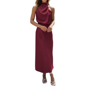 imageBTFBM Womens Sleeveless Cocktail Dresses Mock Neck Keyhole Elastic High Waist Evening Party Maxi Wedding Guest DressSolid Deep Red