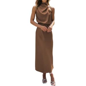 imageBTFBM Womens Sleeveless Cocktail Dresses Mock Neck Keyhole Elastic High Waist Evening Party Maxi Wedding Guest DressSolid Khaki