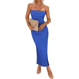 imageBTFBM Womens Tube Strapless Maxi Dress 2025 Summer Knit Backless Slit Bodycon Wedding Party Formal Cocktail DressesBlue