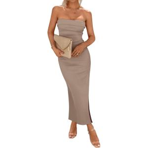 imageBTFBM Womens Tube Strapless Maxi Dress 2025 Summer Knit Backless Slit Bodycon Wedding Party Formal Cocktail DressesKhaki