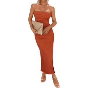 imageBTFBM Womens Tube Strapless Maxi Dress 2025 Summer Knit Backless Slit Bodycon Wedding Party Formal Cocktail DressesRust Red