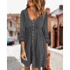 imageBTFBM Women 2025 Casual Button Down Summer Fall Dresses Long Sleeve Crew Neck Solid High Waist Short Tunic Mini DressLong Buttons Dark Grey