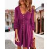 imageBTFBM Women 2025 Casual Button Down Summer Fall Dresses Long Sleeve Crew Neck Solid High Waist Short Tunic Mini DressLong Buttons Purple Red