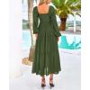 imageBTFBM Women Formal Dress Spring Square Neck Puff Long Sleeve Smocked Tiered Flowy Wedding Guest Maxi Dresses PocketsArmy Green