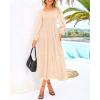 imageBTFBM Women Formal Dress Spring Square Neck Puff Long Sleeve Smocked Tiered Flowy Wedding Guest Maxi Dresses PocketsBeige