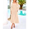 imageBTFBM Women Formal Dress Spring Square Neck Puff Long Sleeve Smocked Tiered Flowy Wedding Guest Maxi Dresses PocketsBeige