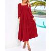 imageBTFBM Women Formal Dress Spring Square Neck Puff Long Sleeve Smocked Tiered Flowy Wedding Guest Maxi Dresses PocketsRed