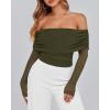 imageBTFBM Womens Off Shoulder Tops 2025 Spring Summer Sheer Long Sleeve Shirts Stretchy Ruched Slim Fit Going Out Crop TopArmy Green