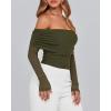 imageBTFBM Womens Off Shoulder Tops 2025 Spring Summer Sheer Long Sleeve Shirts Stretchy Ruched Slim Fit Going Out Crop TopArmy Green