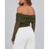 imageBTFBM Womens Off Shoulder Tops 2025 Spring Summer Sheer Long Sleeve Shirts Stretchy Ruched Slim Fit Going Out Crop TopArmy Green
