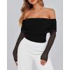 imageBTFBM Womens Off Shoulder Tops 2025 Spring Summer Sheer Long Sleeve Shirts Stretchy Ruched Slim Fit Going Out Crop TopBlack