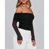 imageBTFBM Womens Off Shoulder Tops 2025 Spring Summer Sheer Long Sleeve Shirts Stretchy Ruched Slim Fit Going Out Crop TopBlack