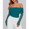 imageBTFBM Womens Off Shoulder Tops 2025 Spring Summer Sheer Long Sleeve Shirts Stretchy Ruched Slim Fit Going Out Crop TopBlue Green
