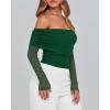 imageBTFBM Womens Off Shoulder Tops 2025 Spring Summer Sheer Long Sleeve Shirts Stretchy Ruched Slim Fit Going Out Crop TopDark Green