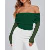 imageBTFBM Womens Off Shoulder Tops 2025 Spring Summer Sheer Long Sleeve Shirts Stretchy Ruched Slim Fit Going Out Crop TopDark Green