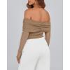 imageBTFBM Womens Off Shoulder Tops 2025 Spring Summer Sheer Long Sleeve Shirts Stretchy Ruched Slim Fit Going Out Crop TopKhaki