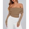 imageBTFBM Womens Off Shoulder Tops 2025 Spring Summer Sheer Long Sleeve Shirts Stretchy Ruched Slim Fit Going Out Crop TopKhaki