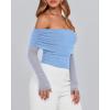 imageBTFBM Womens Off Shoulder Tops 2025 Spring Summer Sheer Long Sleeve Shirts Stretchy Ruched Slim Fit Going Out Crop TopLight Blue