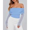 imageBTFBM Womens Off Shoulder Tops 2025 Spring Summer Sheer Long Sleeve Shirts Stretchy Ruched Slim Fit Going Out Crop TopLight Blue
