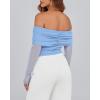 imageBTFBM Womens Off Shoulder Tops 2025 Spring Summer Sheer Long Sleeve Shirts Stretchy Ruched Slim Fit Going Out Crop TopLight Blue