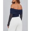 imageBTFBM Womens Off Shoulder Tops 2025 Spring Summer Sheer Long Sleeve Shirts Stretchy Ruched Slim Fit Going Out Crop TopNavy