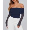 imageBTFBM Womens Off Shoulder Tops 2025 Spring Summer Sheer Long Sleeve Shirts Stretchy Ruched Slim Fit Going Out Crop TopNavy