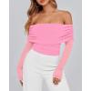 imageBTFBM Womens Off Shoulder Tops 2025 Spring Summer Sheer Long Sleeve Shirts Stretchy Ruched Slim Fit Going Out Crop TopPink