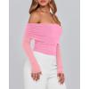 imageBTFBM Womens Off Shoulder Tops 2025 Spring Summer Sheer Long Sleeve Shirts Stretchy Ruched Slim Fit Going Out Crop TopPink