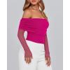 imageBTFBM Womens Off Shoulder Tops 2025 Spring Summer Sheer Long Sleeve Shirts Stretchy Ruched Slim Fit Going Out Crop TopRose Red