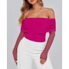 imageBTFBM Womens Off Shoulder Tops 2025 Spring Summer Sheer Long Sleeve Shirts Stretchy Ruched Slim Fit Going Out Crop TopRose Red