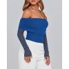 imageBTFBM Womens Off Shoulder Tops 2025 Spring Summer Sheer Long Sleeve Shirts Stretchy Ruched Slim Fit Going Out Crop TopRoyal Blue