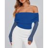 imageBTFBM Womens Off Shoulder Tops 2025 Spring Summer Sheer Long Sleeve Shirts Stretchy Ruched Slim Fit Going Out Crop TopRoyal Blue