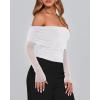 imageBTFBM Womens Off Shoulder Tops 2025 Spring Summer Sheer Long Sleeve Shirts Stretchy Ruched Slim Fit Going Out Crop TopWhite