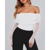 imageBTFBM Womens Off Shoulder Tops 2025 Spring Summer Sheer Long Sleeve Shirts Stretchy Ruched Slim Fit Going Out Crop TopWhite