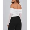 imageBTFBM Womens Off Shoulder Tops 2025 Spring Summer Sheer Long Sleeve Shirts Stretchy Ruched Slim Fit Going Out Crop TopWhite