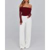 imageBTFBM Womens Off Shoulder Tops 2025 Spring Summer Sheer Long Sleeve Shirts Stretchy Ruched Slim Fit Going Out Crop TopWine Red