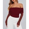 imageBTFBM Womens Off Shoulder Tops 2025 Spring Summer Sheer Long Sleeve Shirts Stretchy Ruched Slim Fit Going Out Crop TopWine Red
