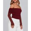 imageBTFBM Womens Off Shoulder Tops 2025 Spring Summer Sheer Long Sleeve Shirts Stretchy Ruched Slim Fit Going Out Crop TopWine Red