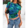 imageBTFBM Womens Sheer Mesh Summer Tops 2025 Crew Neck Short Sleeve Print Ruched Slim Fit Club Going Out T ShirtsFloral Green