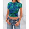 imageBTFBM Womens Sheer Mesh Summer Tops 2025 Crew Neck Short Sleeve Print Ruched Slim Fit Club Going Out T ShirtsFloral Green