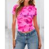 imageBTFBM Womens Sheer Mesh Summer Tops 2025 Crew Neck Short Sleeve Print Ruched Slim Fit Club Going Out T ShirtsFloral Pink