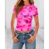 imageBTFBM Womens Sheer Mesh Summer Tops 2025 Crew Neck Short Sleeve Print Ruched Slim Fit Club Going Out T ShirtsFloral Pink