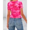 imageBTFBM Womens Sheer Mesh Summer Tops 2025 Crew Neck Short Sleeve Print Ruched Slim Fit Club Going Out T ShirtsFloral Rose Pink